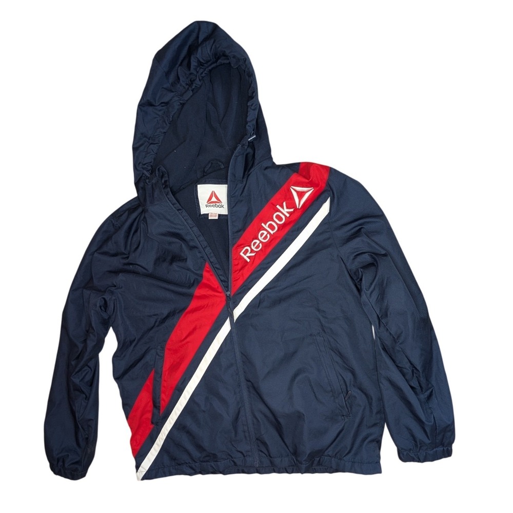 Reebok Mens XL Navy Blue Red Colorblock Fleece Lined Hooded Retro Jacket